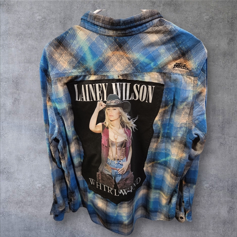 Upcycled No FLear Flannel Lainey Wilson Blue and Orange Plaid Button-Up Shirt